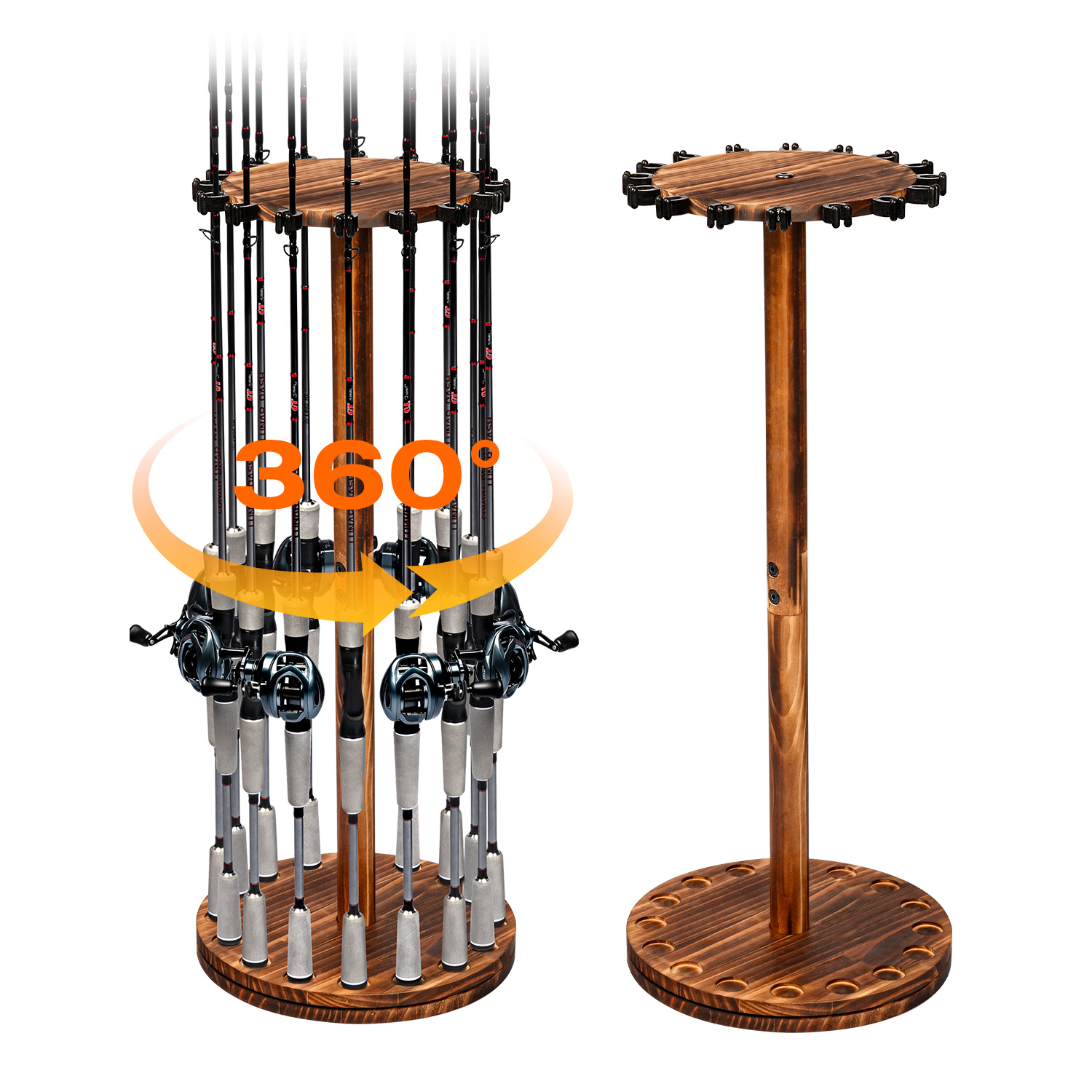 Fishing Rod Rack - Ronde verkoold houten hengelhouder, draaibare displaystandaard,